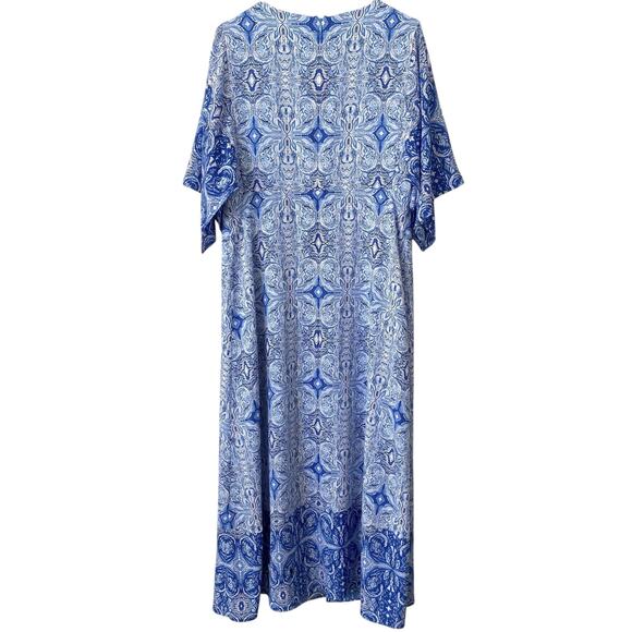 CHICO'S Kimono Maxi Dress Medallion Print Blue Size 8 Front Slit V Neckline Boho - Picture 5 of 7